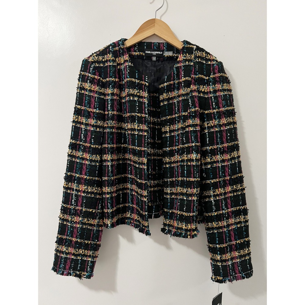 Karl Lagerfeld Paris Womens Black Multi Plaid Tweed Open Front Jacket Size 10